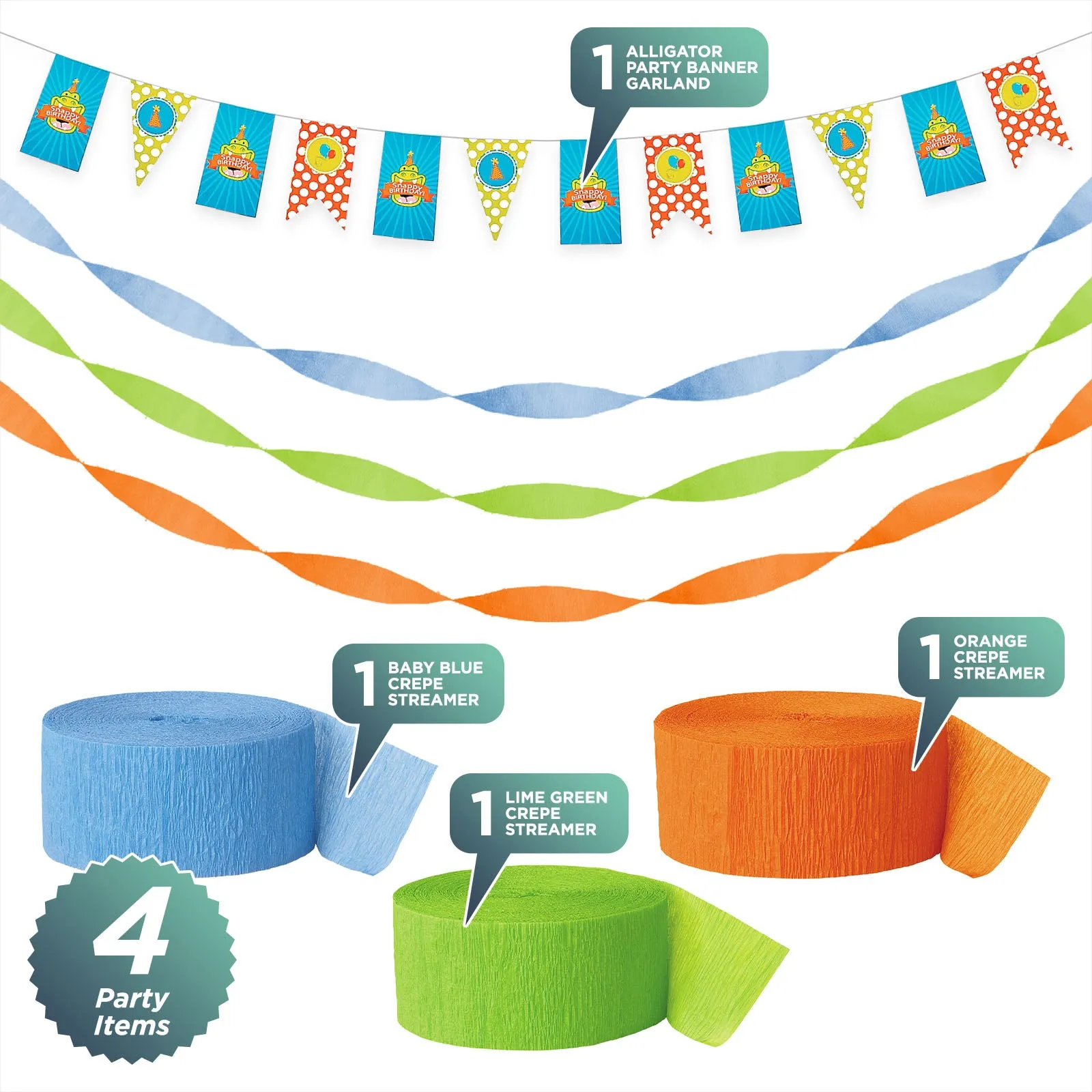 Alligator Party Supplies - Gator Banner Garland with Blue, Green, and Orange Crepe Streamer Decorations