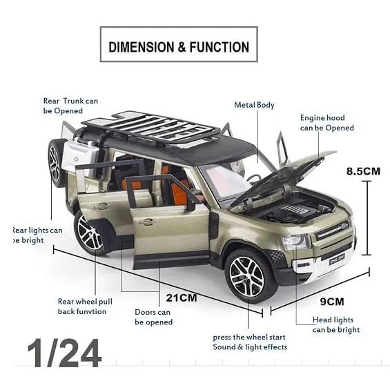 BIG SIZE LAND ROVER DEFENDER 1:24 SCALE MODEL CAR EXCLUSIVE ALLOY METAL CAR PULL BACK DIE-CAST METAL TOY CAR WITH OPENABLE DOORS & LIGHT MUSIC BEST GIFTS TOYS KIDS