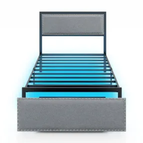 Full/Queen/Twin Size Bed Frame with LED Lights Drawer and Metal Slats-Twin Size