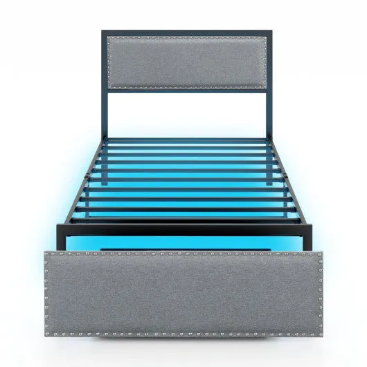 Full/Queen/Twin Size Bed Frame with LED Lights Drawer and Metal Slats-Twin Size
