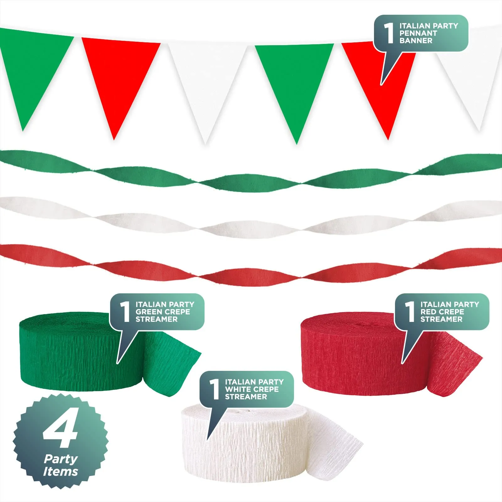 Italian Party Supplies - Italy Flag Red, White, and Green Crepe Streamers and Pennant Banner Set