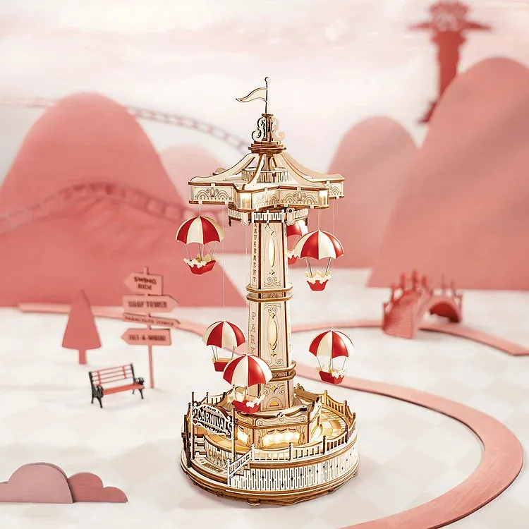 Music Box 3D Wooden Puzzle Kit for Kids & Adults – Parachute Tower Ride