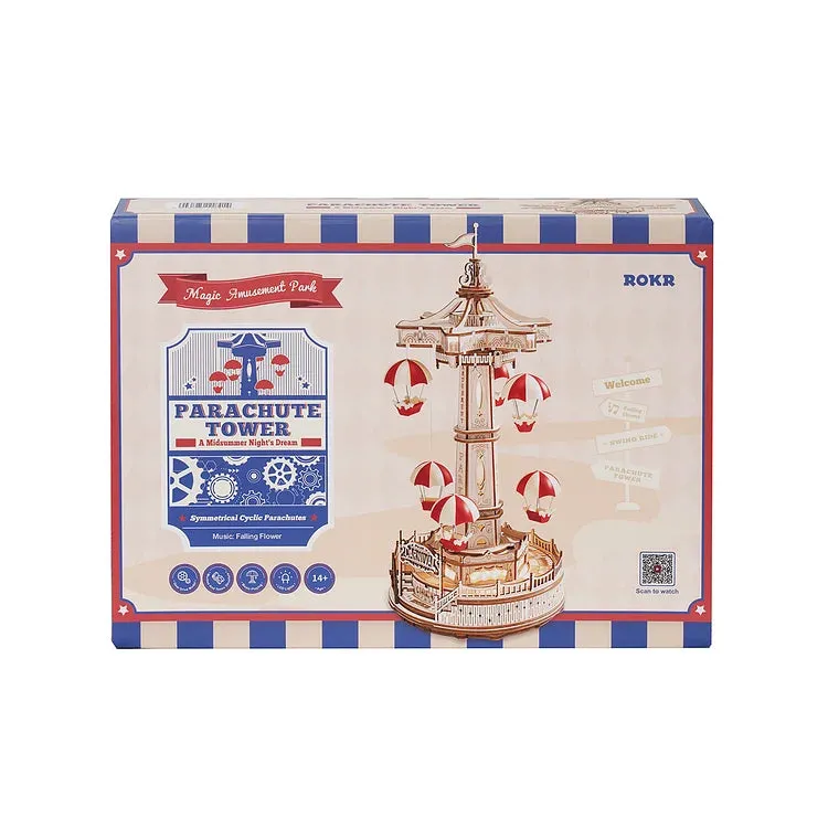 Music Box 3D Wooden Puzzle Kit for Kids & Adults – Parachute Tower Ride