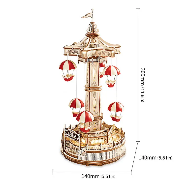 Music Box 3D Wooden Puzzle Kit for Kids & Adults – Parachute Tower Ride