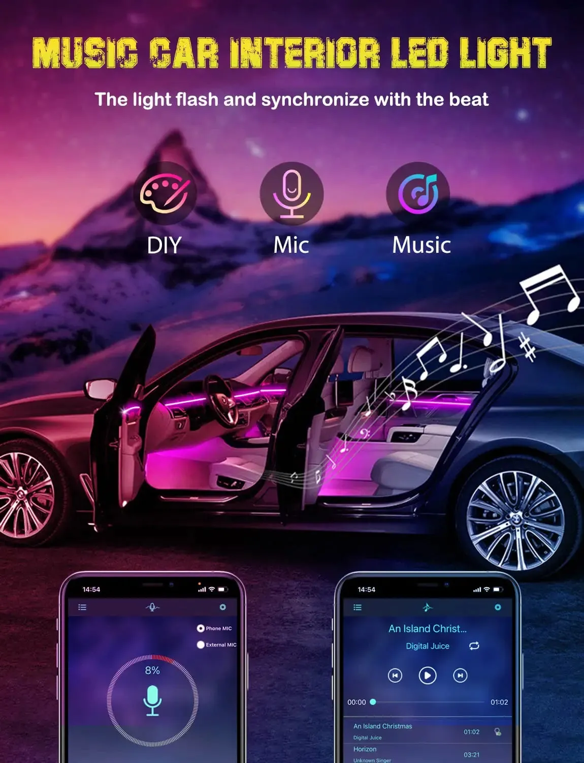 Neon Car LED Interior Ambient Lights with Fiber Optic RGB Strip