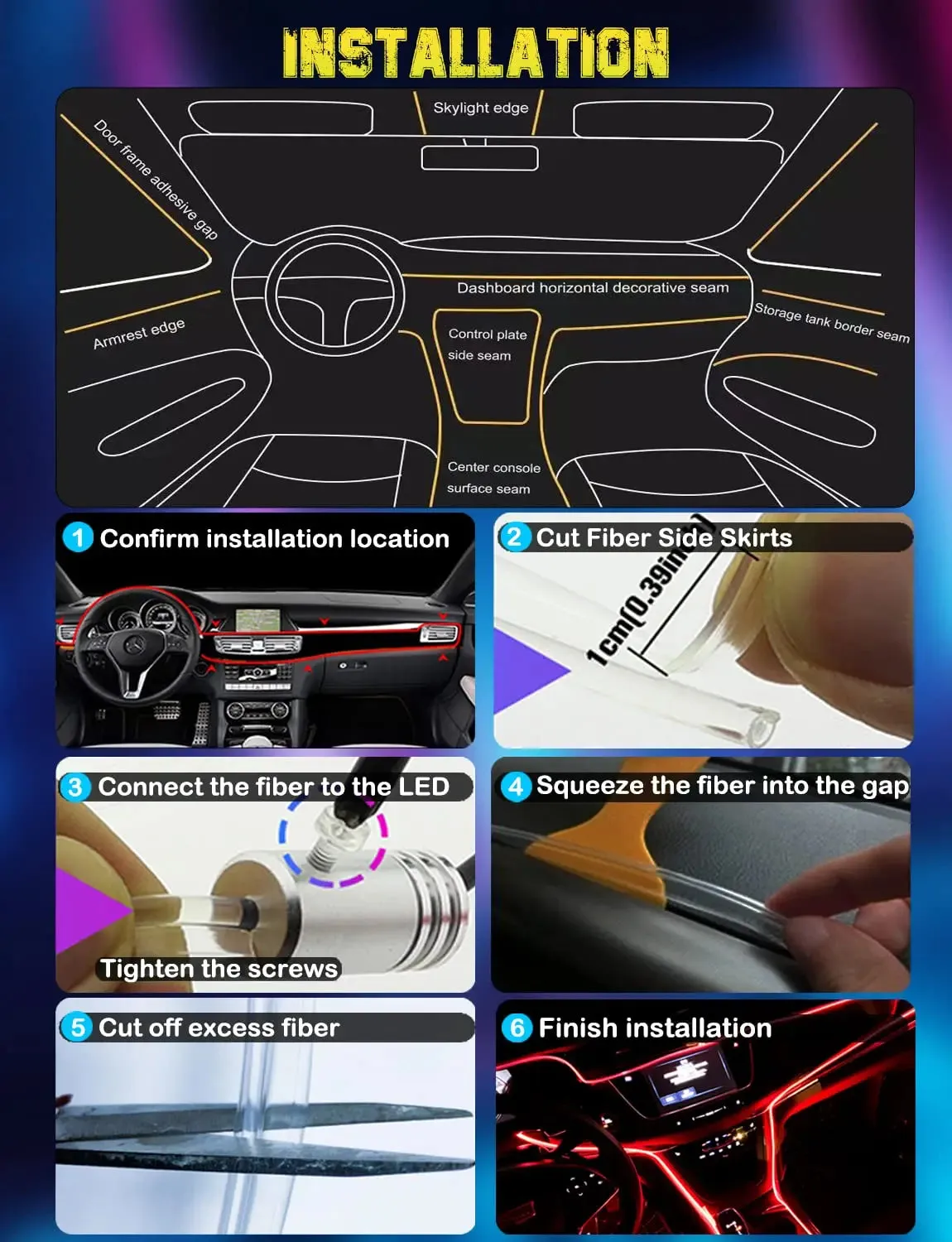 Neon Car LED Interior Ambient Lights with Fiber Optic RGB Strip