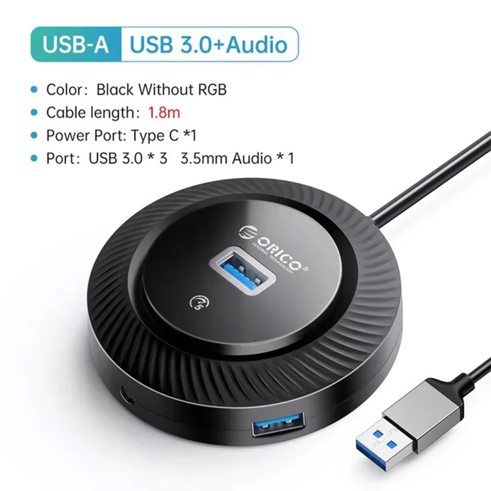 ORICO 4-IN-1 USB HUB 5GBPS (0.3M,1.8M) USB-A Cable with 3.5mm Audio/Microphone Output & 3-Port USB 3.0 | Windows, Linux & macOS Support | for PCs, Computer Desktops & Laptops | USB Hubs & Docking Stations | YK4-U3