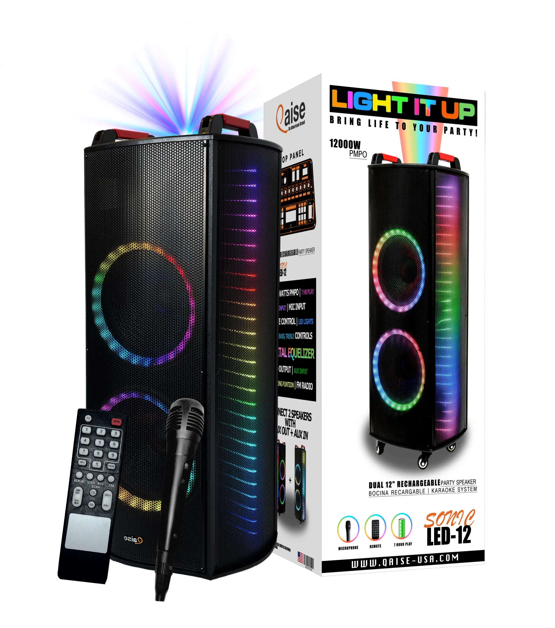 Qaise-12000 Watts Peak Power High-End Rechargeable Bluetooth Party Speaker Karaoke Machine with Deep Bass, LED Lights Large Body PA System for Parties