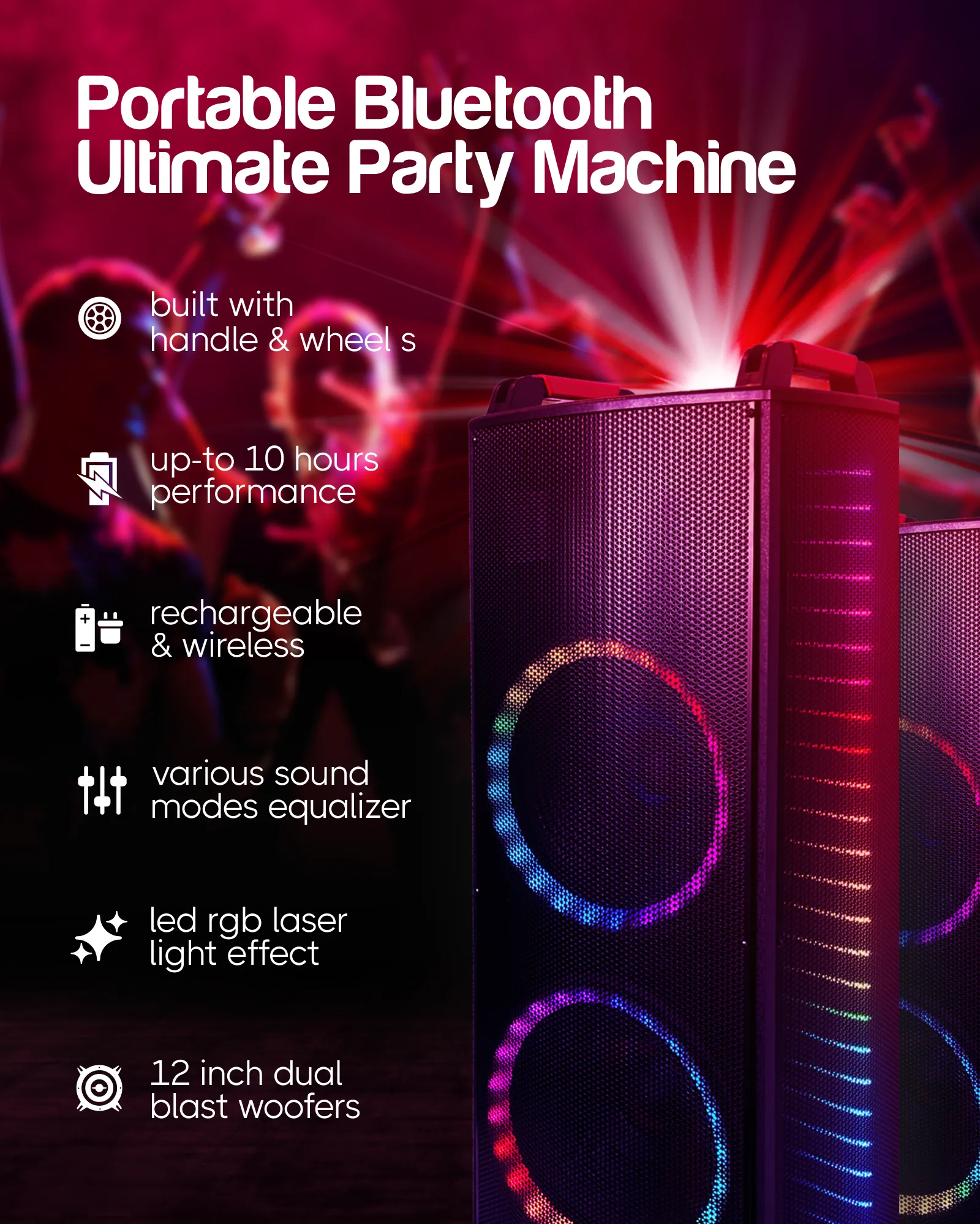 Qaise-12000 Watts Peak Power High-End Rechargeable Bluetooth Party Speaker Karaoke Machine with Deep Bass, LED Lights Large Body PA System for Parties