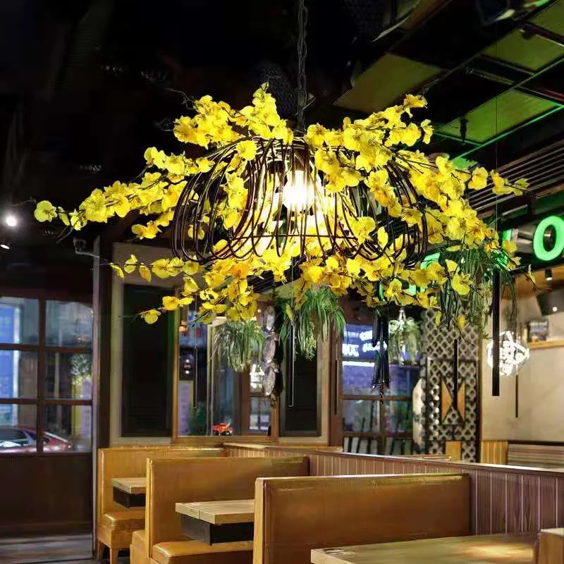 Small Fresh Simulation Light Yellow Flower Chandelier Theme Music Restaurant Clear Bar Decoration Coffee Shop Pendant Light