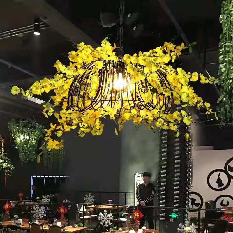 Small Fresh Simulation Light Yellow Flower Chandelier Theme Music Restaurant Clear Bar Decoration Coffee Shop Pendant Light