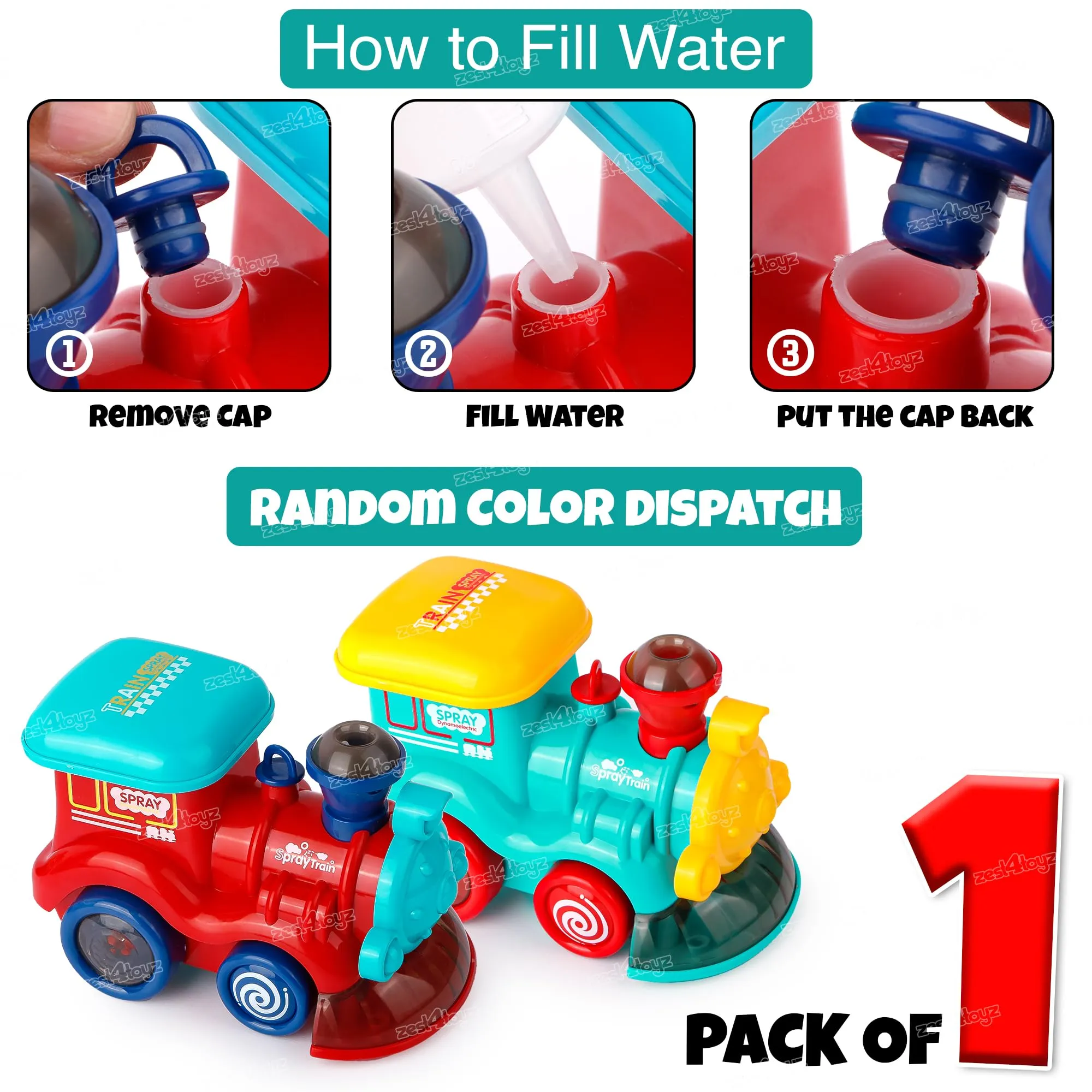 Zest 4 Toyz Musical Spray Steam Train Vehicle Toy for Kids | Boys | Girls with Flashing Lights Sound Toy Universal Wheel and Bump & Go Smoke Function (Pack of 1) Random Color Dispatch