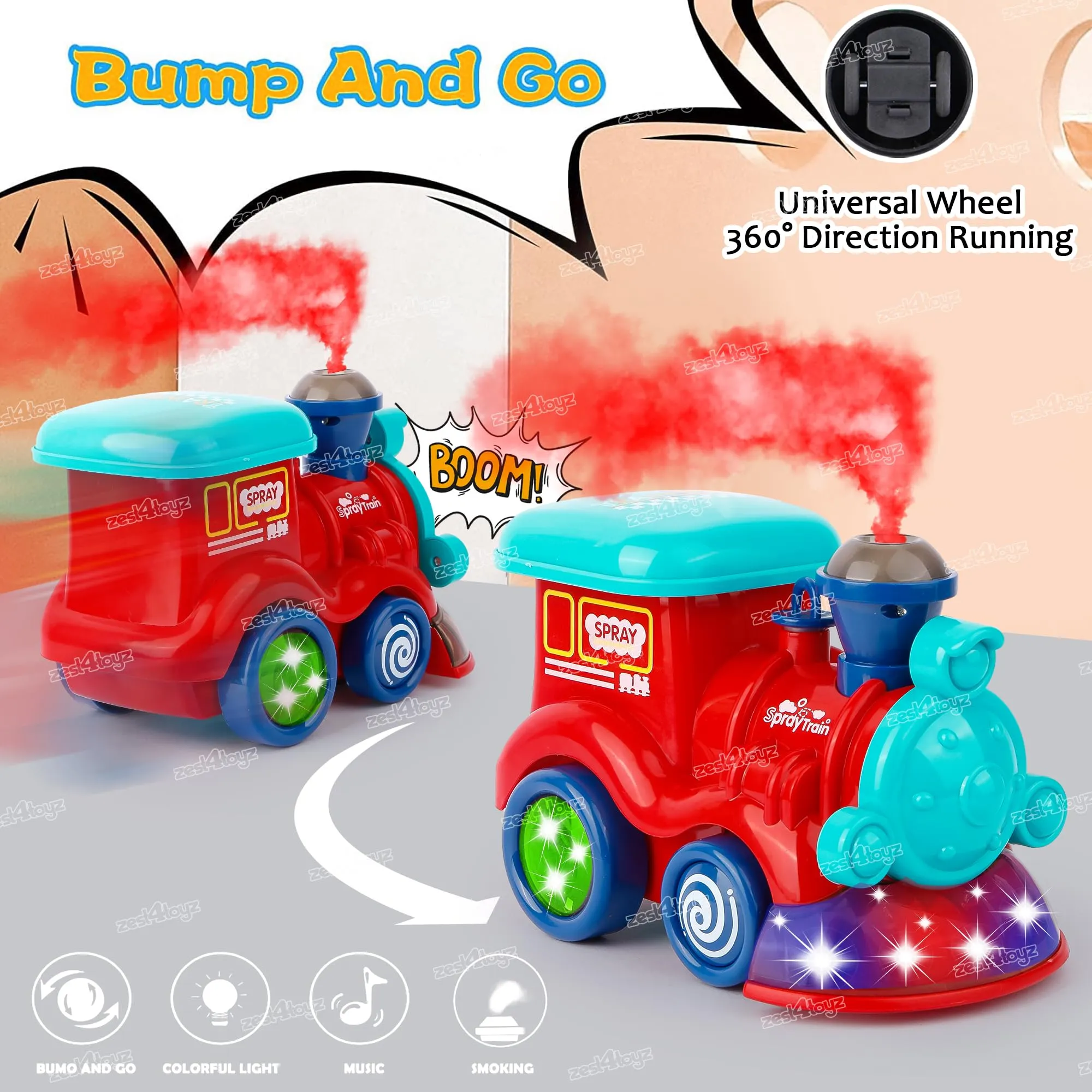 Zest 4 Toyz Musical Spray Steam Train Vehicle Toy for Kids | Boys | Girls with Flashing Lights Sound Toy Universal Wheel and Bump & Go Smoke Function (Pack of 1) Random Color Dispatch