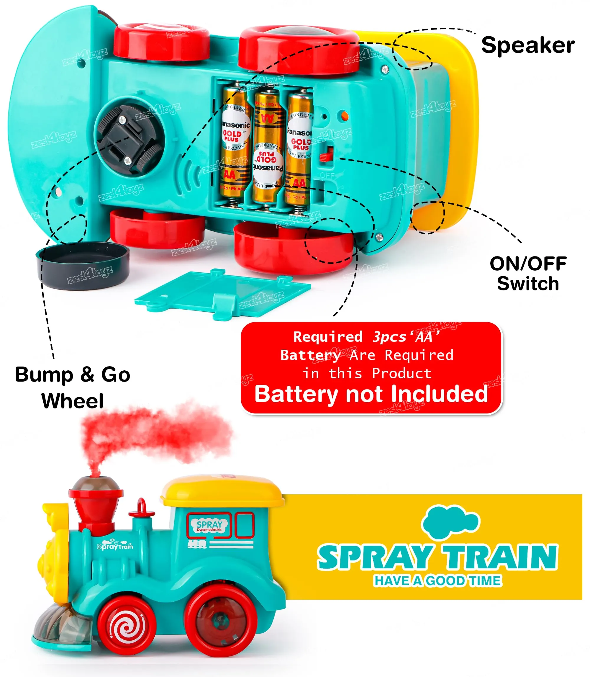 Zest 4 Toyz Musical Spray Steam Train Vehicle Toy for Kids | Boys | Girls with Flashing Lights Sound Toy Universal Wheel and Bump & Go Smoke Function (Pack of 1) Random Color Dispatch