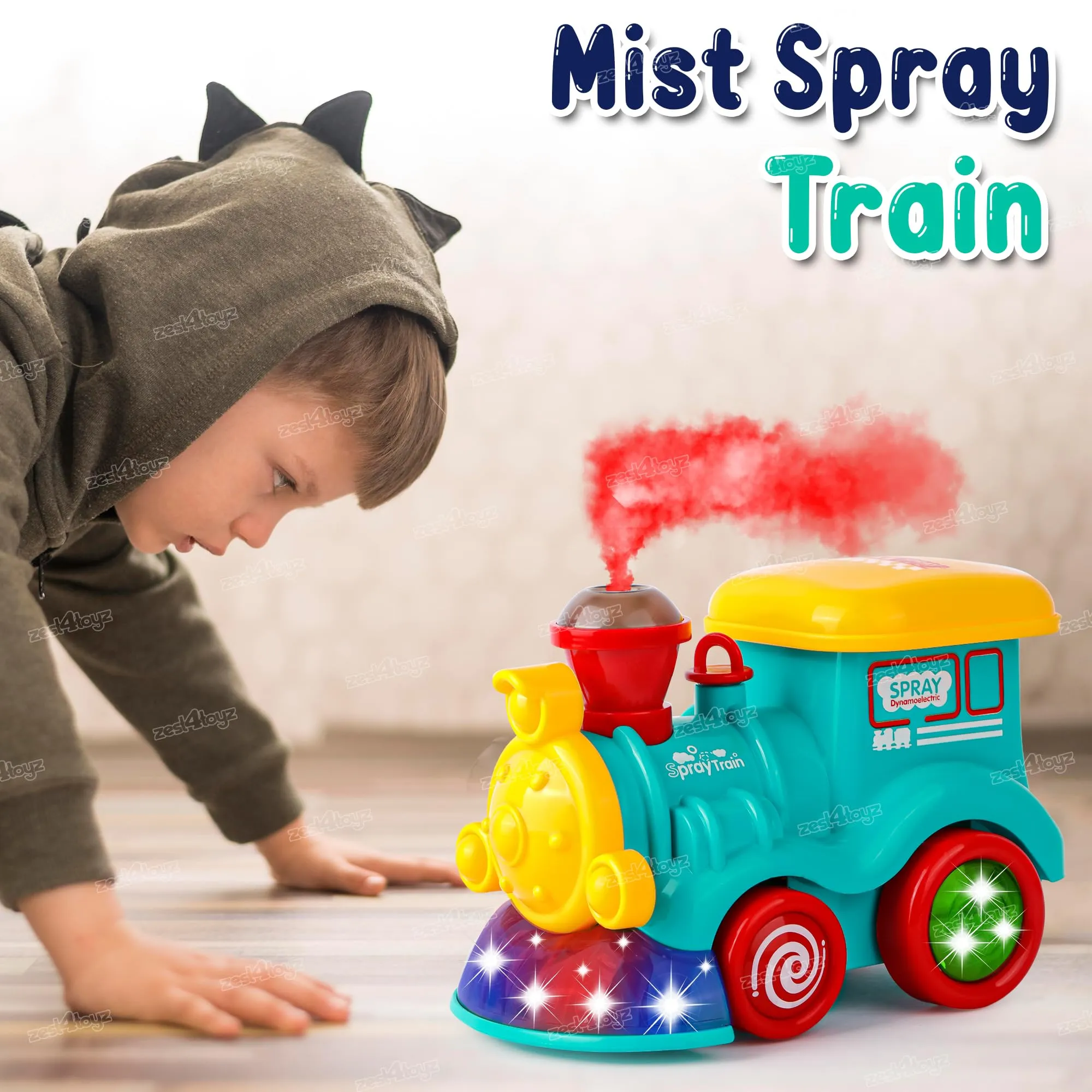 Zest 4 Toyz Musical Spray Steam Train Vehicle Toy for Kids | Boys | Girls with Flashing Lights Sound Toy Universal Wheel and Bump & Go Smoke Function (Pack of 1) Random Color Dispatch